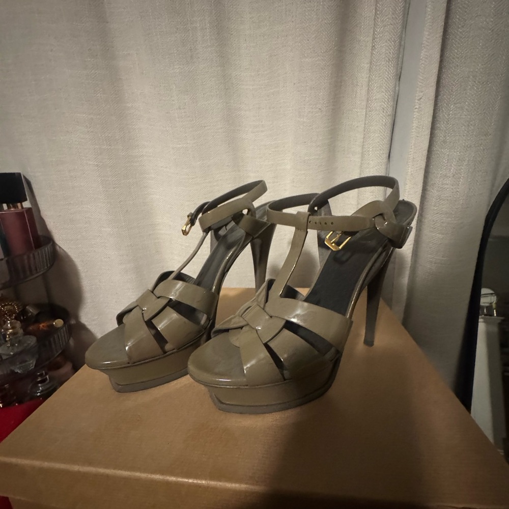 Yves Saint Laurent Khaki Strappy Platform Heels